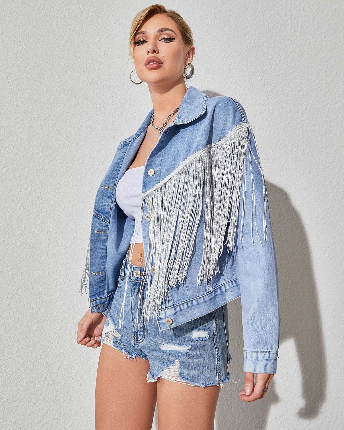 Women's Oversized Boyfriend Denim Jacket – Distressed Long Sleeve Fringe Coat, Vintage Cropped Jean Jacket for Layering, 90s Grunge Aesthetic, Plus Size Friendly