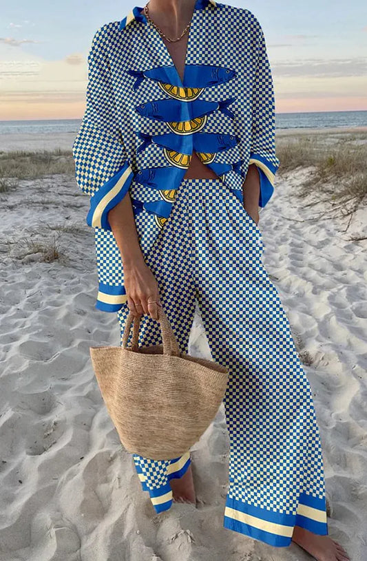 Beachy Two Piece Outfit With Loose Shirt And Wide Leg Bottoms For Summer Outfits Casual
