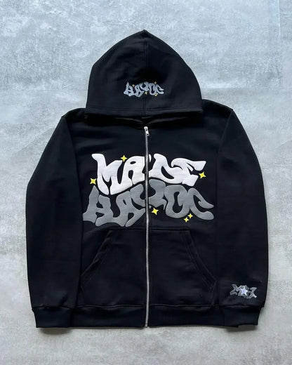 Y2K Grunge Zip Hoodie With Vintage Print For 2025 Fall Outfits Aesthetic