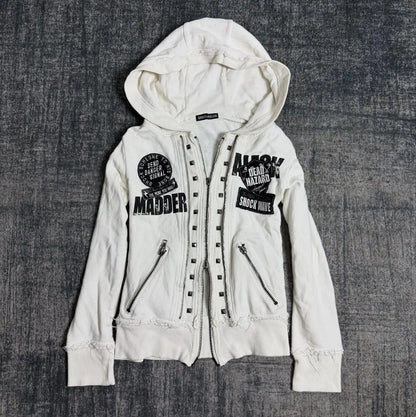Retro Streetwear Outfit Aesthetic Y2K Skull Embroidered Hoodie Oversized Casual Jacket Inspiration