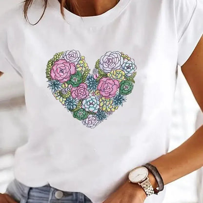 Y2K Love Heart Print T-Shirt for Women Aesthetic 90s Style Casual Summer Tee Girl Graphic O-Neck Top