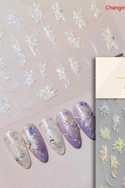 Autumn Nail Art Stickers With White Flowers And Gradient Shine For Fall Nail Ideas