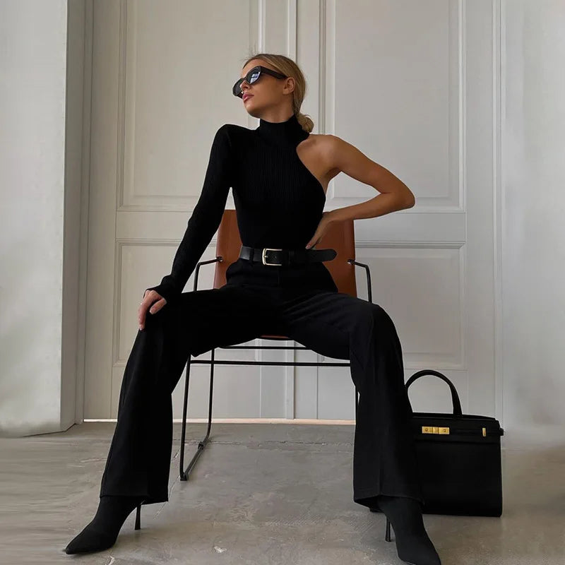 Noir Elegance One-Shoulder Bodysuit