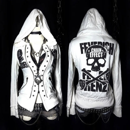 Retro Streetwear Outfit Aesthetic Y2K Skull Embroidered Hoodie Oversized Casual Jacket Inspiration