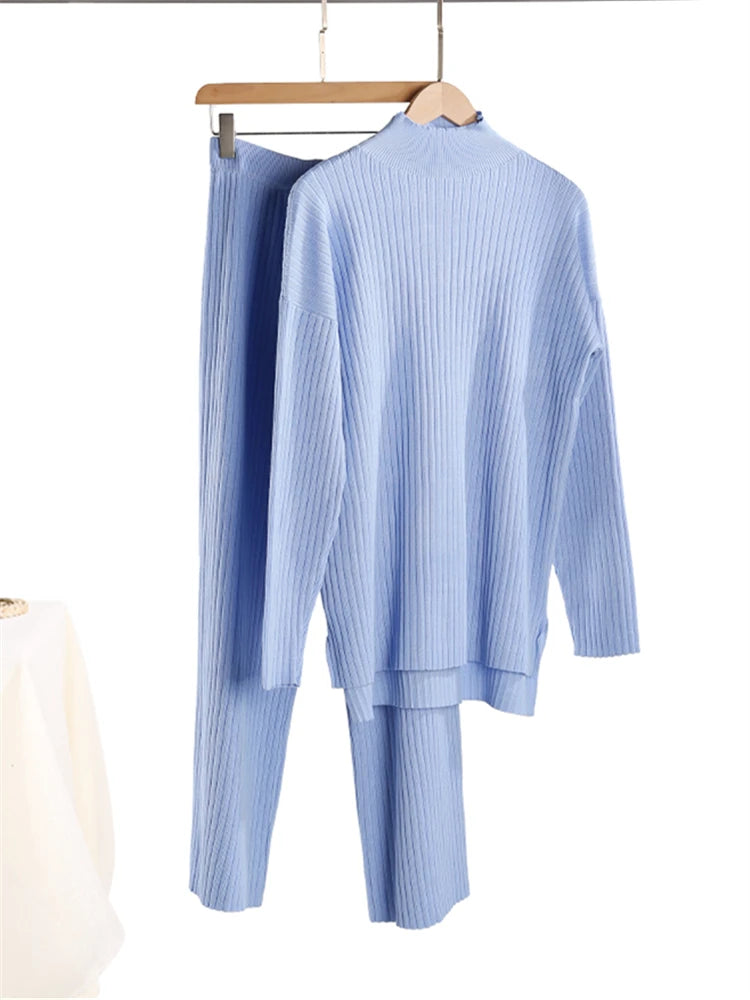 Fall Outfits Casual Knitted 2 Piece Outfit For Women Warm Turtleneck Sweater And Pants Set