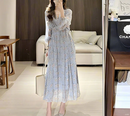 Floral Long Dress With Waist Tie And Swing Silhouette For Spring Outfits Casual