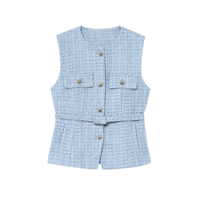 Sleeveless Tweed Waistcoat With Button Front For Trendy Outfit Ideas