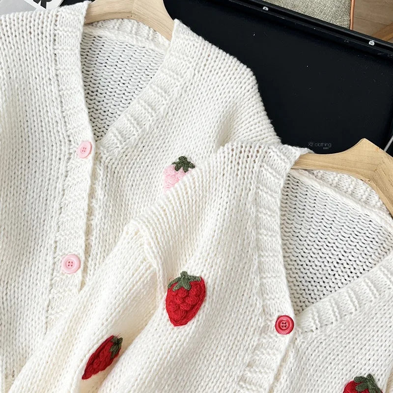 Fall Outfit Ideas Sweet Strawberry Knit Cardigan For Women Preppy Style V Neck Sweater Top