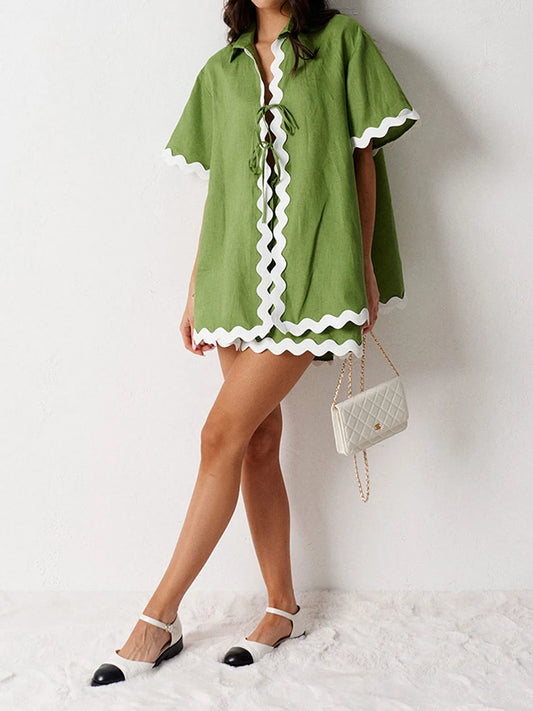 2 Piece Outfit for Women Cozy Pajama Set with Ric Rac Trim and Summer Shorts