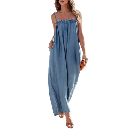 Solid Color Long Romper For Women Featuring Strappy Top And Relaxed Summer Style