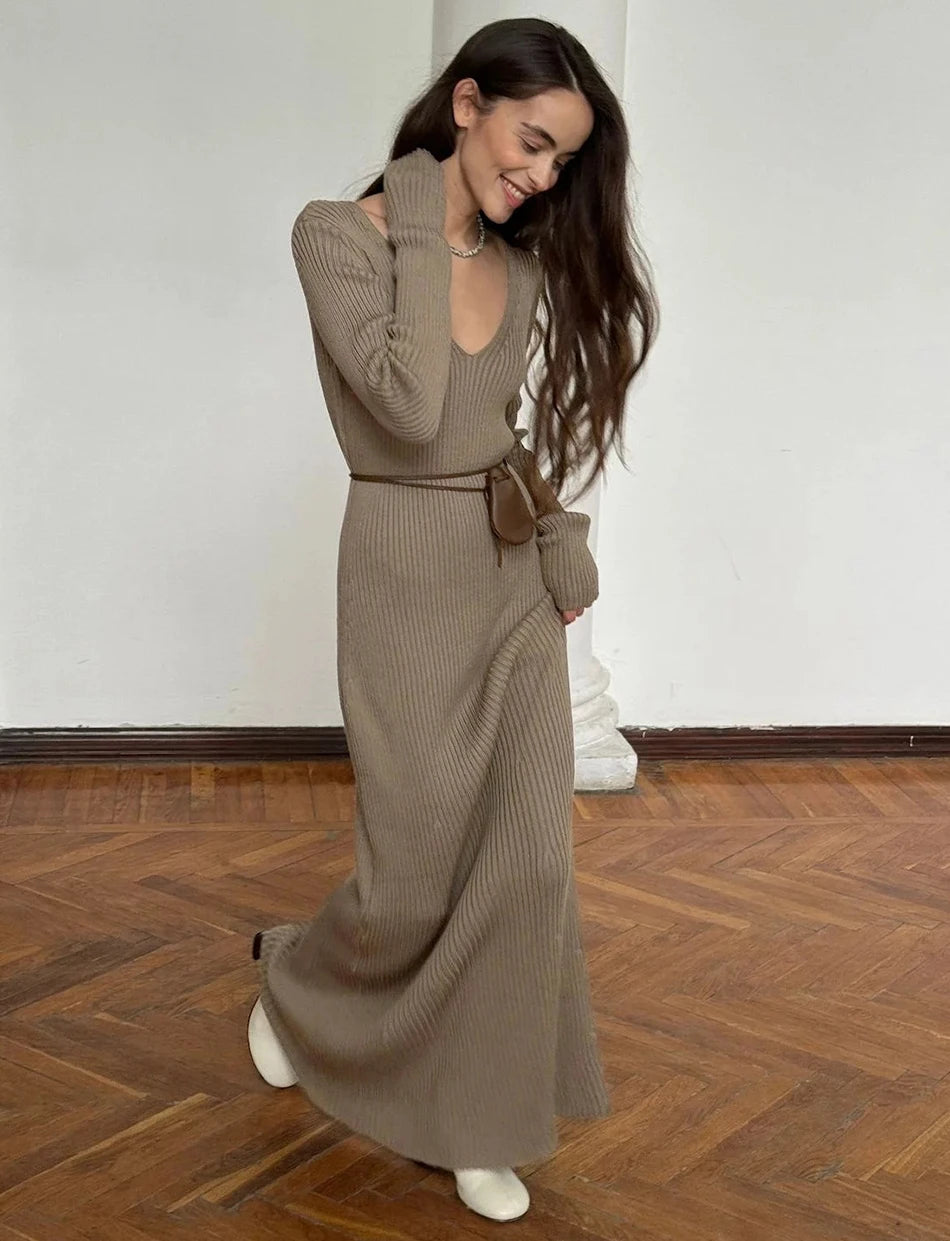 Classic Brown Knit Long Sleeve Dress for Cold Days