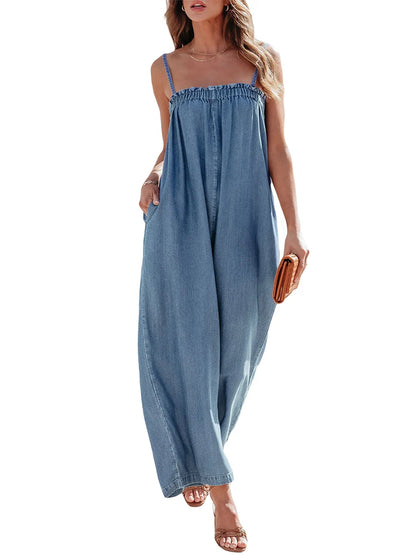 Solid Color Long Romper For Women Featuring Strappy Top And Relaxed Summer Style