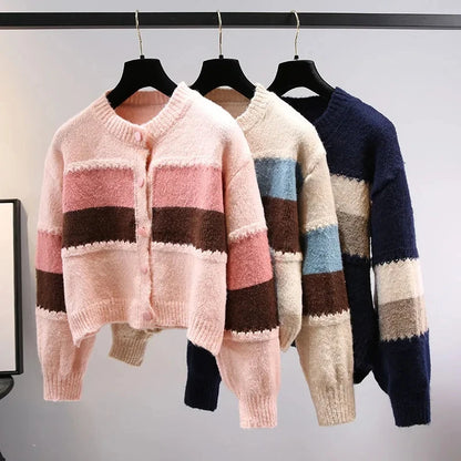 Boho-Chic Multicolor Knit Cardigan with Dramatic Lantern Sleeves for Fall