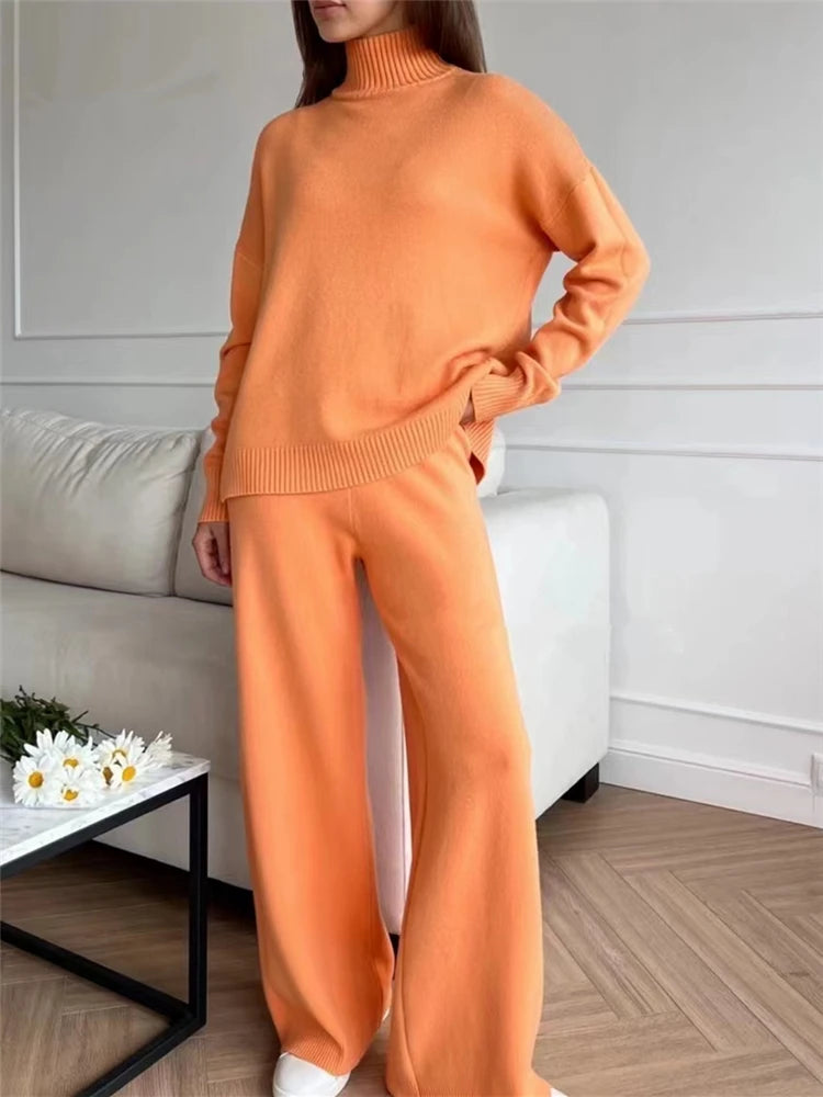 Fall Outfits Casual Knitted 2 Piece Outfit For Women Warm Turtleneck Sweater And Pants Set