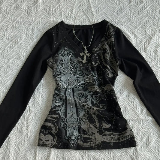 Y2k Sweatshirt Outfit Inspiration With Full Print Punk Style Long Sleeve Top For Women