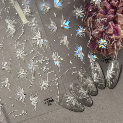 Autumn Nail Art Stickers With White Flowers And Gradient Shine For Fall Nail Ideas