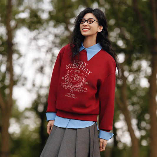 2025 Spring Embroidered Oversized Hoodie for Women Loose Fit Drop Shoulder Aesthetic Casual Pullover Sweatshirt Round Neck