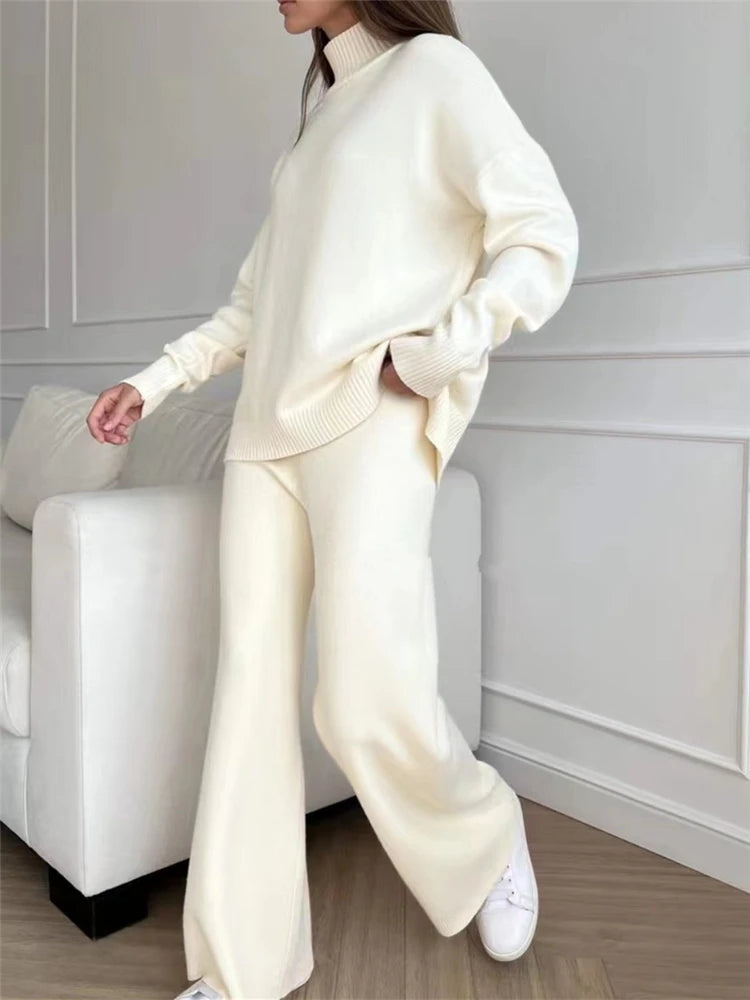 Fall Outfits Casual Knitted 2 Piece Outfit For Women Warm Turtleneck Sweater And Pants Set