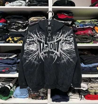 Y2K Grunge Zip Hoodie With Vintage Print For 2025 Fall Outfits Aesthetic