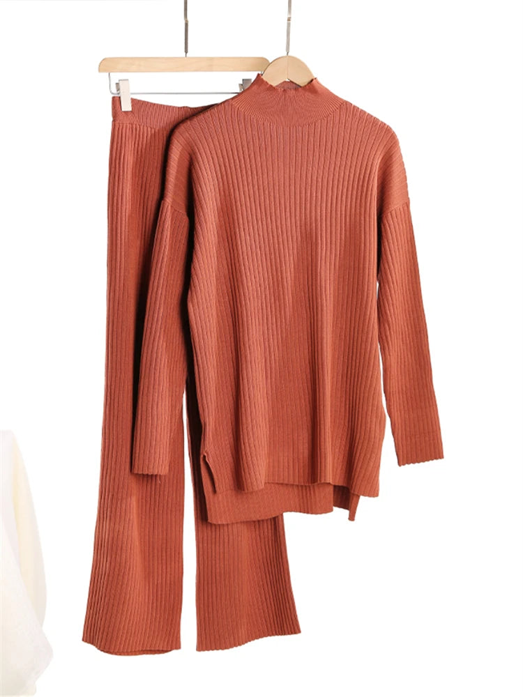 Fall Outfits Casual Knitted 2 Piece Outfit For Women Warm Turtleneck Sweater And Pants Set