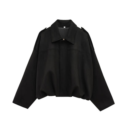 Loose Fit Suede Bomber Jacket Outfit Casual Fall Trend For Women With Lapel Zipper