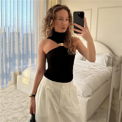Y2K Turtleneck Knit Crop Tank Top for Women with Metal Ring Detail Sleeveless Ribbed Pullover Camisole Skinny Fit Streetwear Style 2025 Fashion