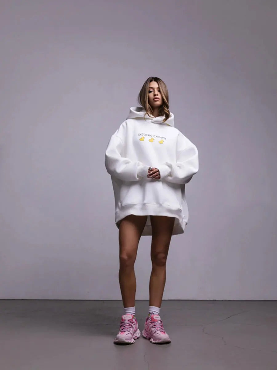 Oversized Duck Print Hoodie With Fleece For Cozy 2025 Fall Outfits Style