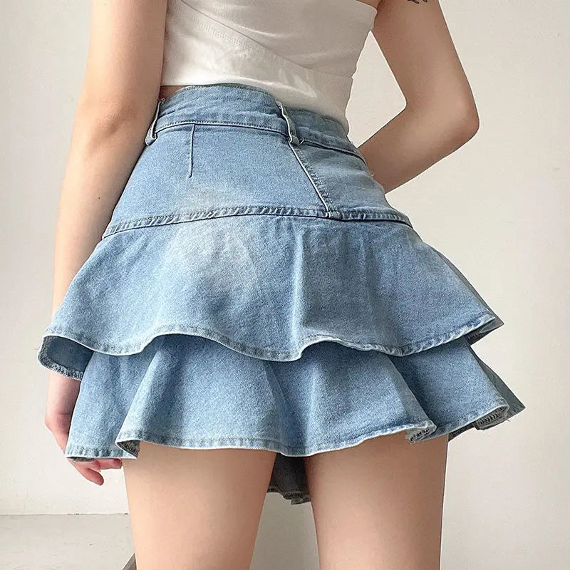 Korean Style High Waist Denim Ruffle Mini Skirt