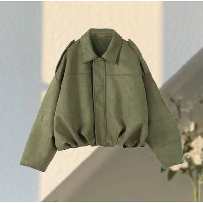 Fall Outfit Inspiration Green Short Jacket With Zipper And Lapel Style