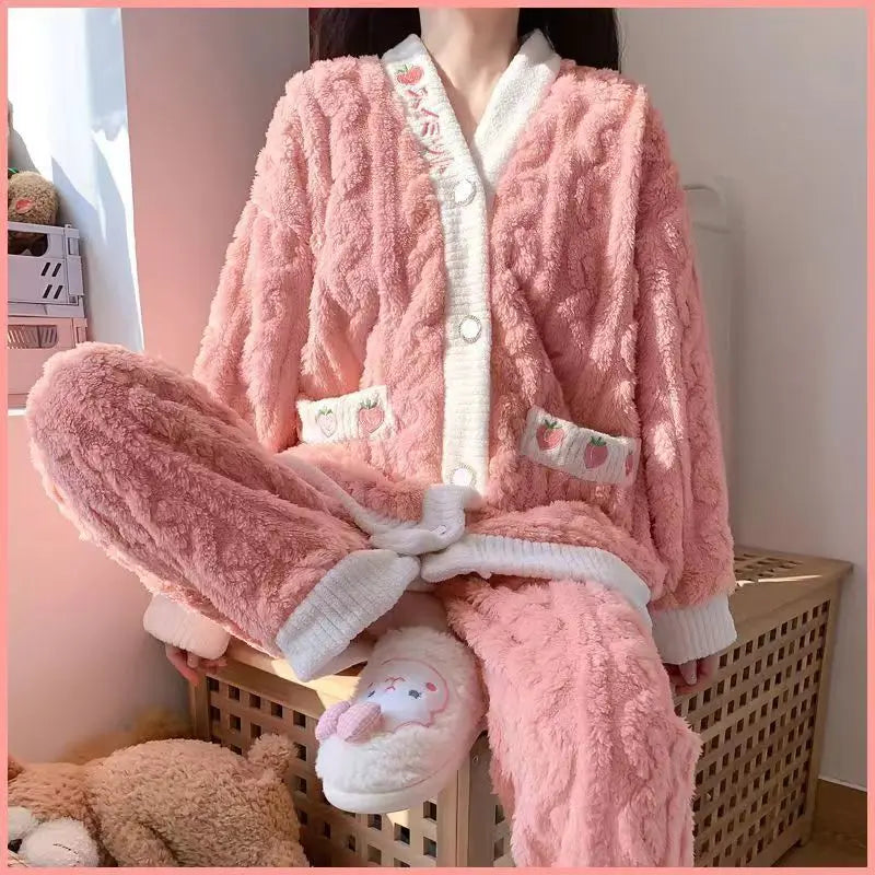 Casual Winter Fleece Cardigan Sleep Set