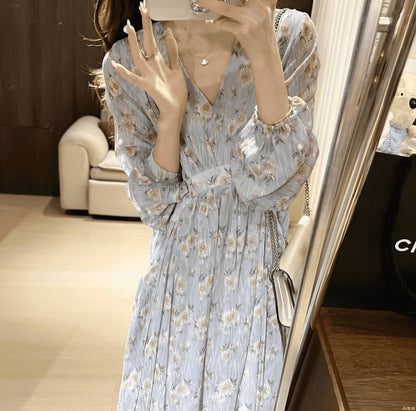 Floral Long Dress With Waist Tie And Swing Silhouette For Spring Outfits Casual
