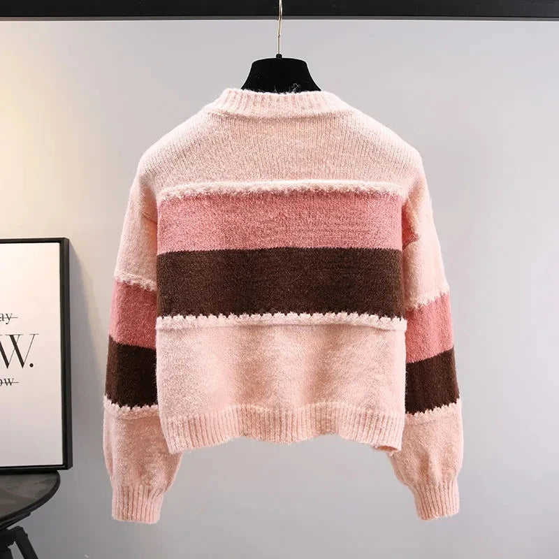 Boho-Chic Multicolor Knit Cardigan with Dramatic Lantern Sleeves for Fall