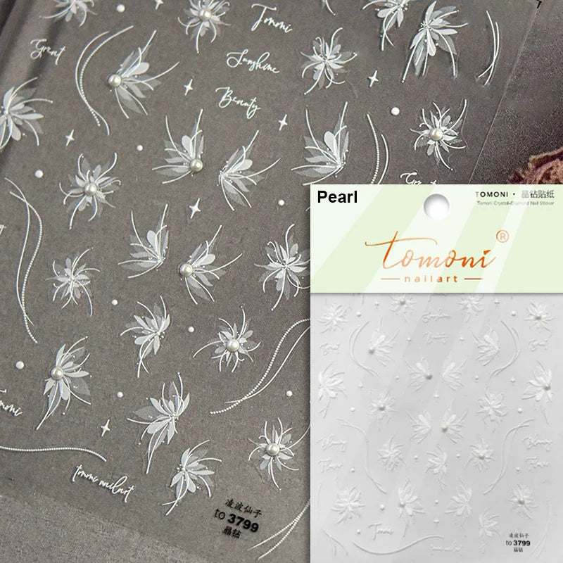 Autumn Nail Art Stickers With White Flowers And Gradient Shine For Fall Nail Ideas