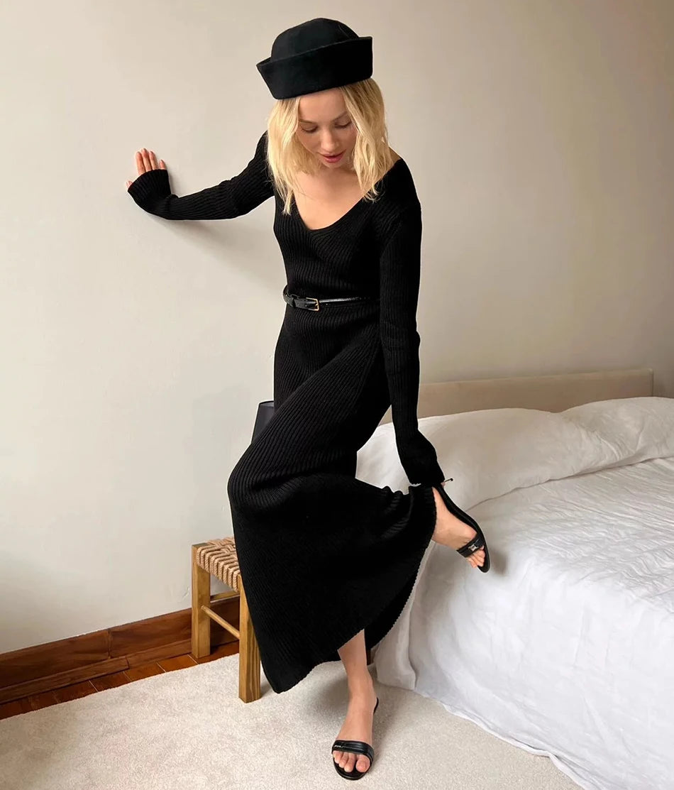 Classic Brown Knit Long Sleeve Dress for Cold Days