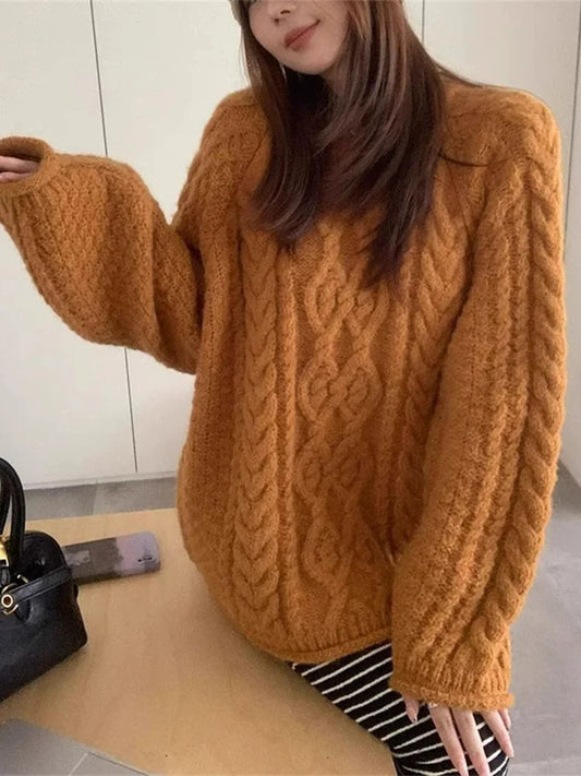 Korean Style Jacquard Knit Sweater With Curled Edges For 2025 Fall Outfits