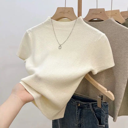 Fall Outfit Inspiration Slim Knitted Turtleneck Sweater With Short Sleeves