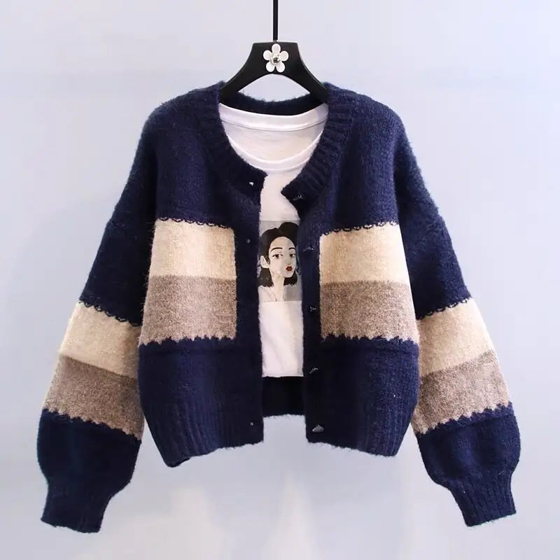 Boho-Chic Multicolor Knit Cardigan with Dramatic Lantern Sleeves for Fall
