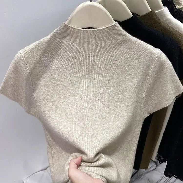 Fall Outfit Inspiration Slim Knitted Turtleneck Sweater With Short Sleeves