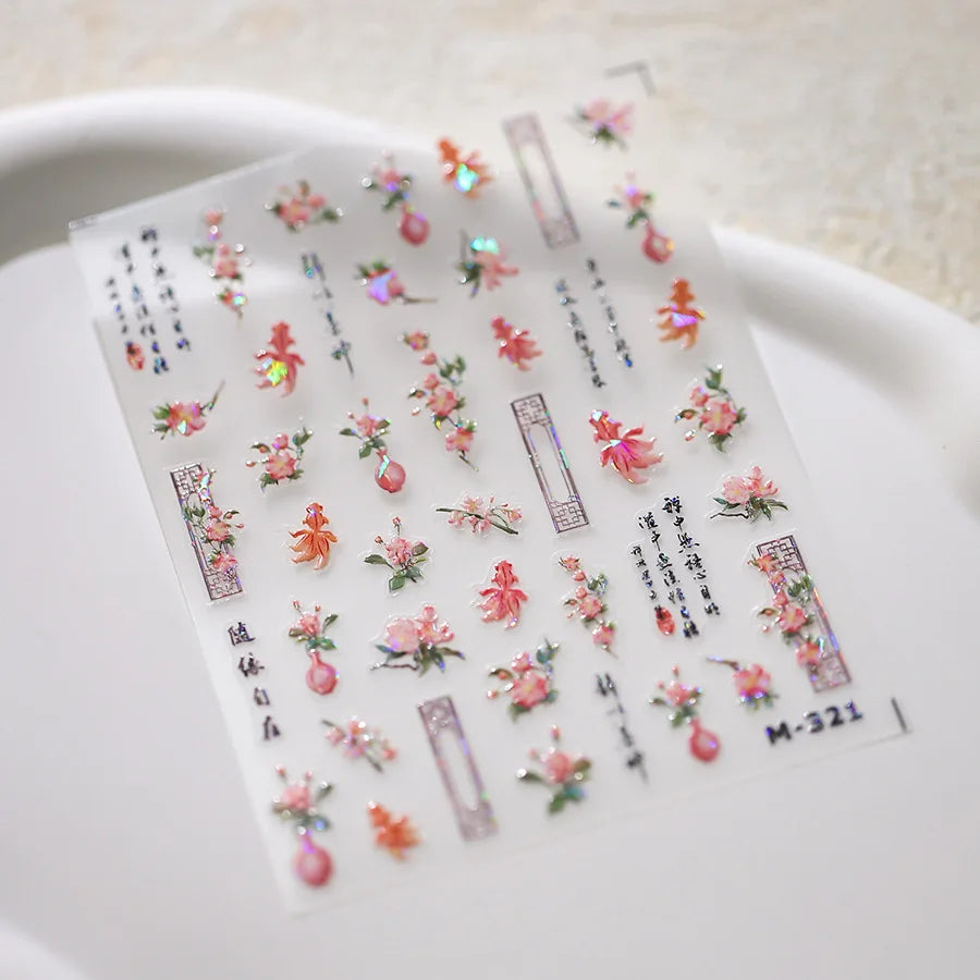 Autumn Nail Art Stickers With White Flowers And Gradient Shine For Fall Nail Ideas