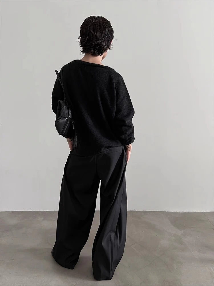 Cleanfit 2025 Minimalist Black Pleated Front Wide Leg Trousers with Low Waist Design for Unisex Office to Streetwear Core Style