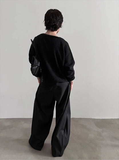 Cleanfit 2025 Minimalist Black Pleated Front Wide Leg Trousers with Low Waist Design for Unisex Office to Streetwear Core Style