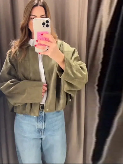 Fall Outfit Inspiration Green Short Jacket With Zipper And Lapel Style