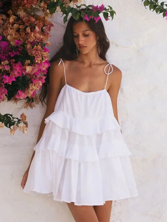 White Cotton Summer Dress With Ruffles And Straps For Casual Beach Dress Outfits