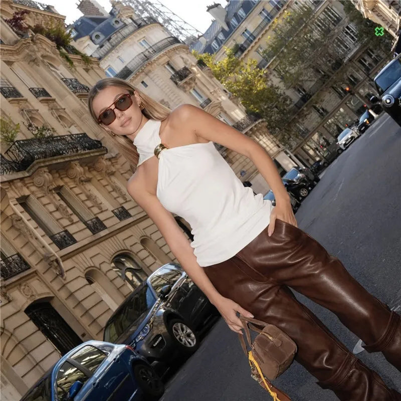 Y2K Turtleneck Knit Crop Tank Top for Women with Metal Ring Detail Sleeveless Ribbed Pullover Camisole Skinny Fit Streetwear Style 2025 Fashion