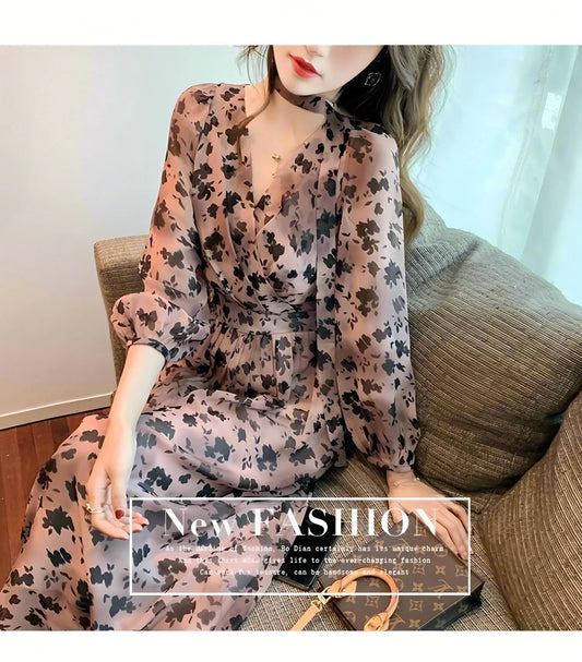 Long Dress For Summer Outfits With V Neck And Flowing French-Inspired Design