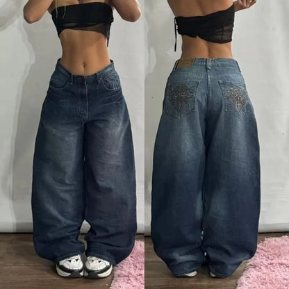Hip-Hop Style Washed Wide Leg Jeans With Harajuku Gothic Edge And Streetwear Appeal