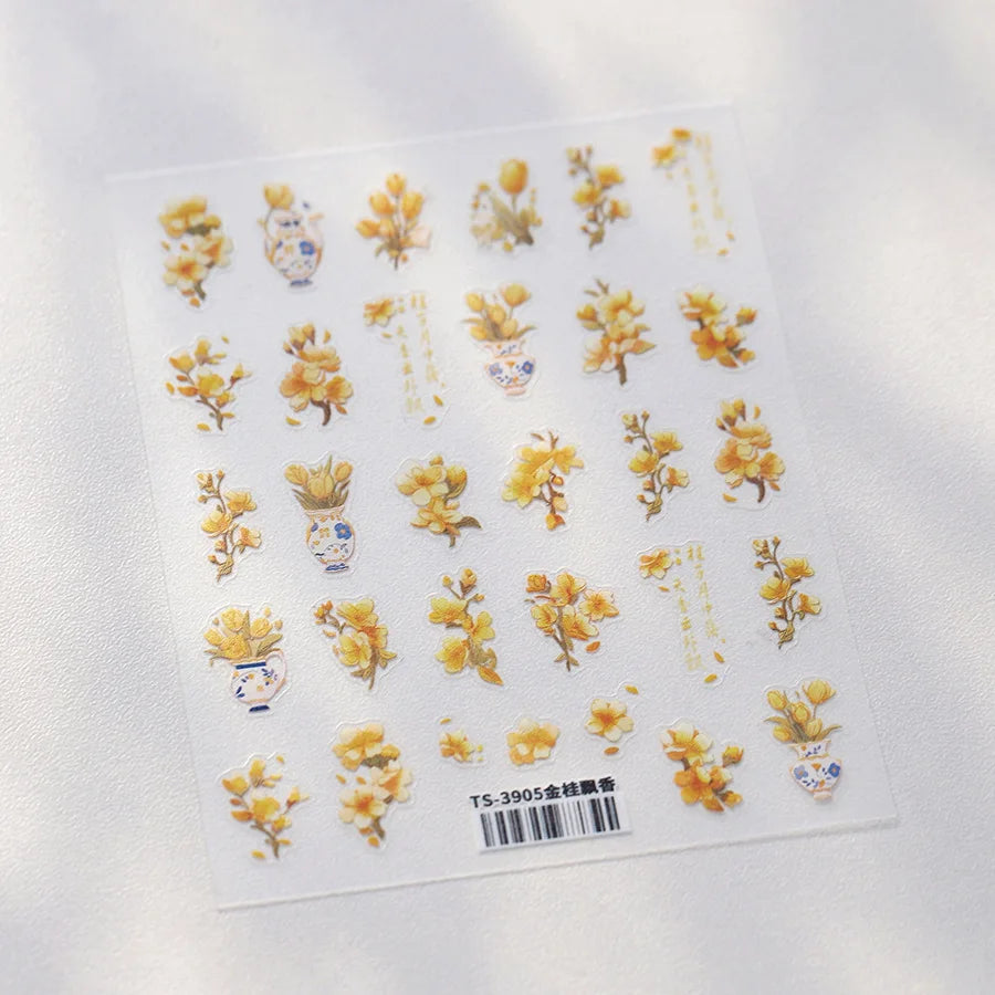 Autumn Nail Art Stickers With White Flowers And Gradient Shine For Fall Nail Ideas