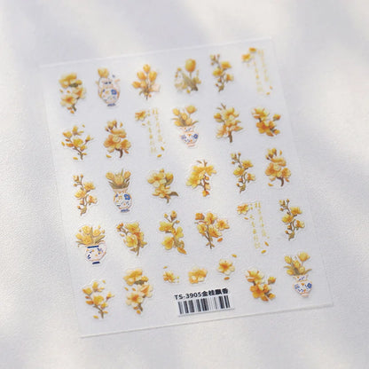 Autumn Nail Art Stickers With White Flowers And Gradient Shine For Fall Nail Ideas