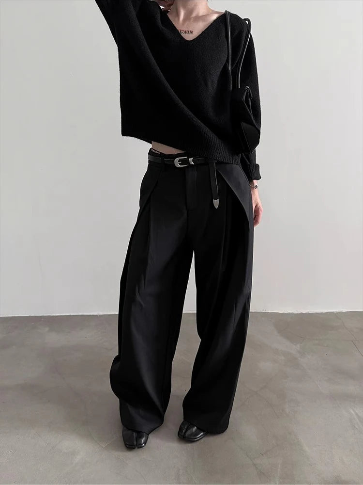 Cleanfit 2025 Minimalist Black Pleated Front Wide Leg Trousers with Low Waist Design for Unisex Office to Streetwear Core Style