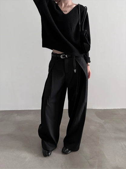 Cleanfit 2025 Minimalist Black Pleated Front Wide Leg Trousers with Low Waist Design for Unisex Office to Streetwear Core Style